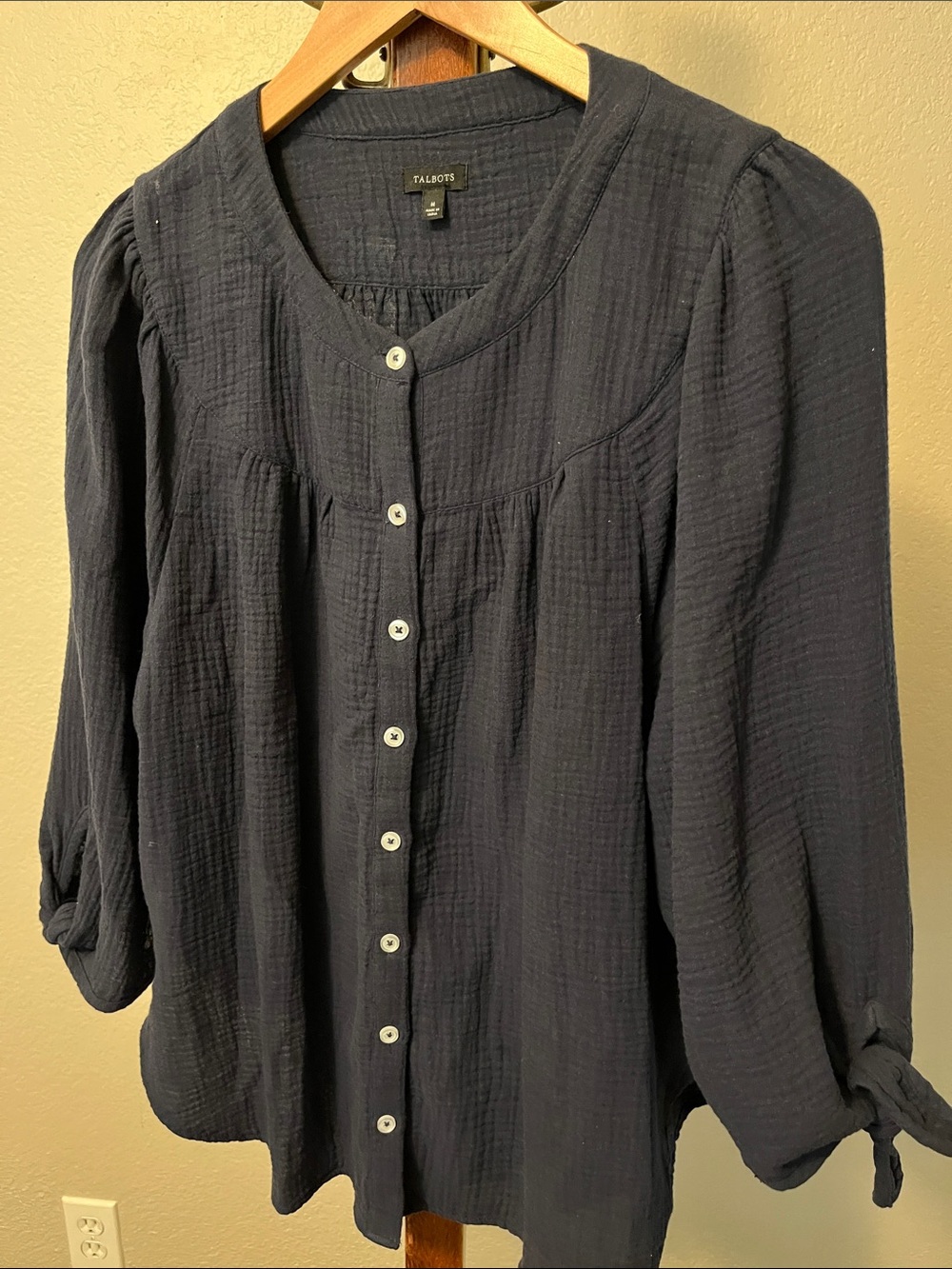 Talbots Navy Button-Front Textured Women’s Blouse
